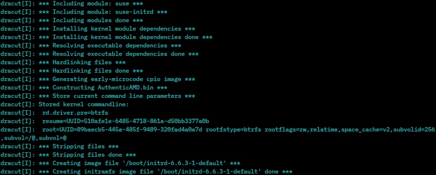 Captura de tela mostrando a saída do Dracut ao gerar o initramfs para o kernel 6.6.3-1, incluindo módulos do kernel, comandos de linha do kernel, e finalizando com a criação do arquivo initramfs para o kernel 6.6.3-1.