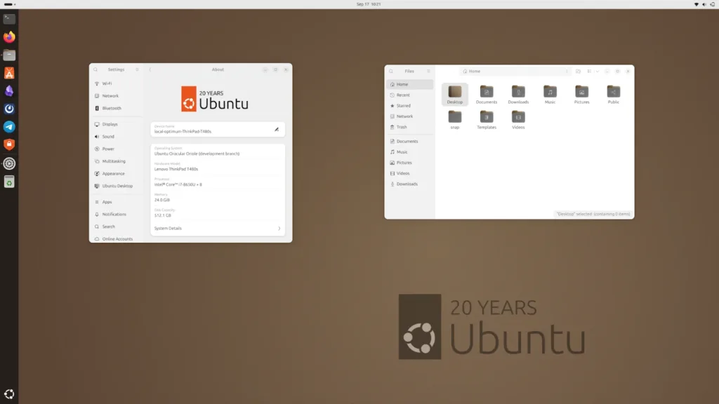 Configurações do sistema do Ubuntu 24.10 com interface GNOME 47 e tema comemorativo de 20 anos.