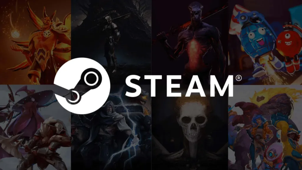 Logo da Steam com o fundo composto por imagens de diversos jogos. A logo em branco e preto da Steam está centralizada na imagem, e ao fundo há personagens de vários estilos de jogos, variando de guerreiros medievais a personagens mais modernos e caricatos. A imagem representa o universo diversificado de jogos disponíveis na plataforma.