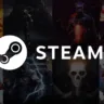 Logo da Steam com o fundo composto por imagens de diversos jogos. A logo em branco e preto da Steam está centralizada na imagem, e ao fundo há personagens de vários estilos de jogos, variando de guerreiros medievais a personagens mais modernos e caricatos. A imagem representa o universo diversificado de jogos disponíveis na plataforma.