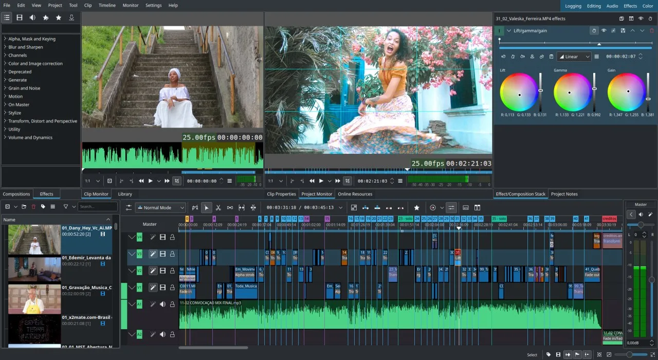 Interface do Kdenlive exibindo um projeto com vários clipes na linha do tempo e ajustes de correção de cor no lado direito da tela.