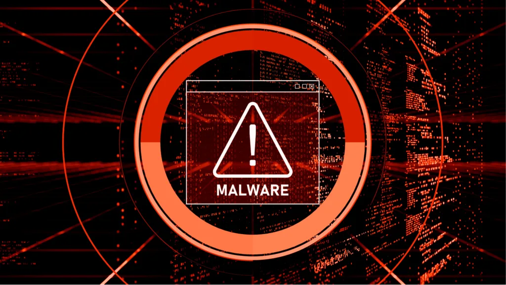 Alerta de malware em tons vermelhos destacando um aviso de infecção, ilustrando a ameaça do vírus Perfctl em servidores Linux.