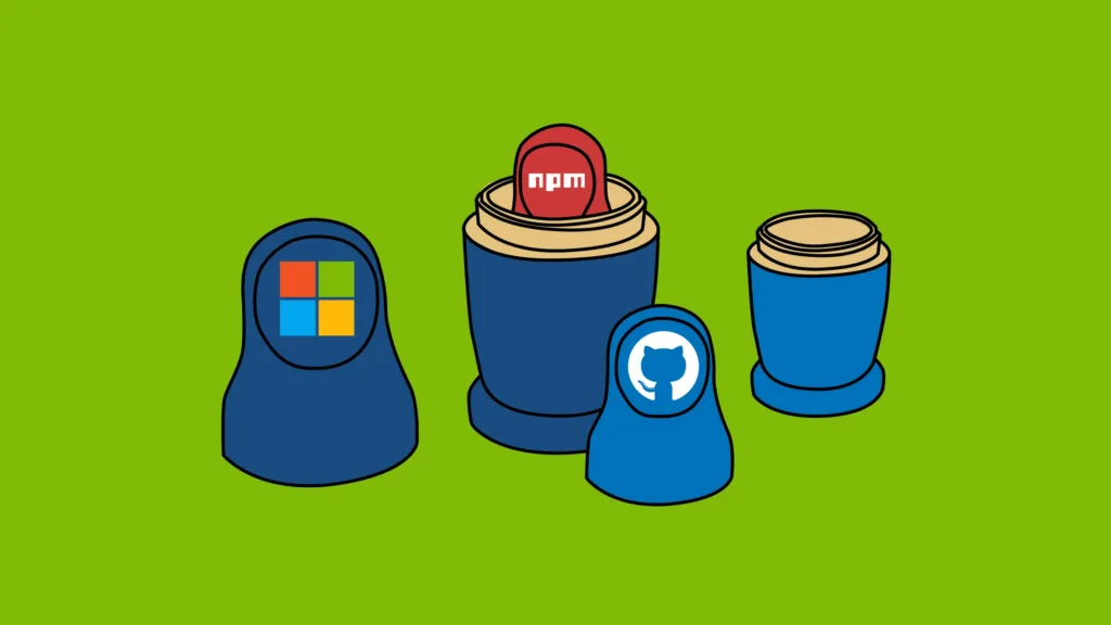 Ilustração de bonecas russas representando Microsoft, npm e GitHub, simbolizando a integração de tecnologias e projetos open source.