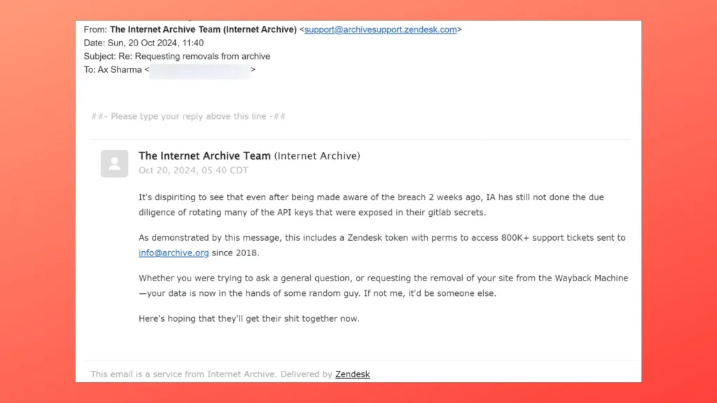 E-mails do Internet Archive Zendesk enviados pelo agente da ameaça