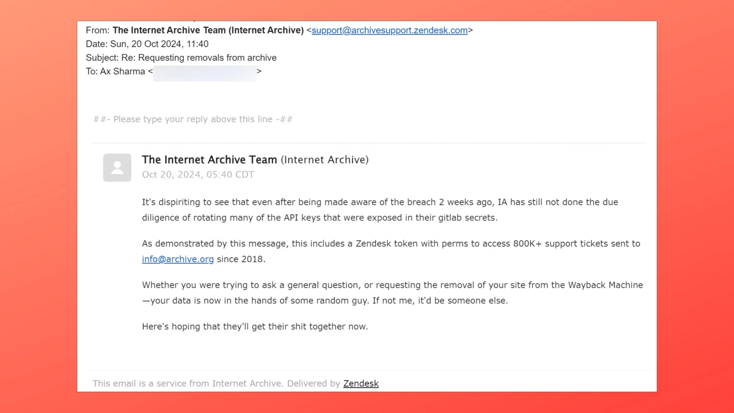 Internet Archive sofre nova violação de segurança com tokens roubados 2 E-mails do Internet Archive Zendesk enviados pelo agente da ameaça