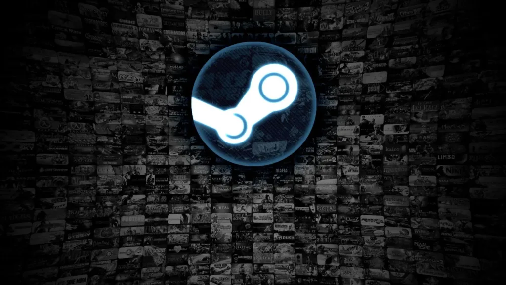 Logotipo iluminado da Steam em destaque sobre um mosaico de miniaturas de jogos, simbolizando a vasta biblioteca de jogos da plataforma.