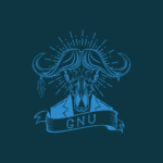 Ilustração do mascote GNU em azul sobre fundo escuro, com a cabeça de um boi estilizada e um banner escrito GNU.