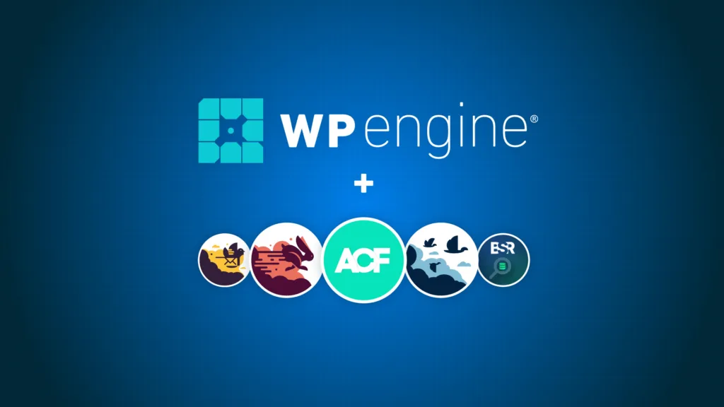 Logotipo da WP Engine ao lado do logotipo do ACF e outros produtos, simbolizando a parceria ou associação entre a WP Engine e o Advanced Custom Fields