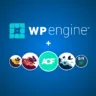 Logotipo da WP Engine ao lado do logotipo do ACF e outros produtos, simbolizando a parceria ou associação entre a WP Engine e o Advanced Custom Fields