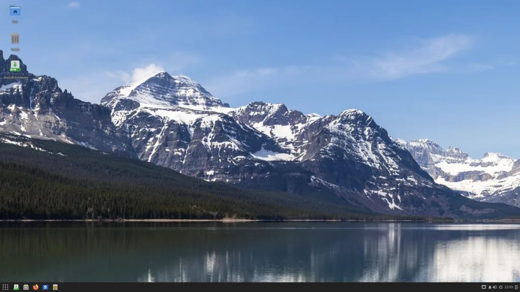  Captura de tela do ambiente de desktop Budgie no Solus 4.6, exibindo um papel de parede de montanhas cobertas de neve, com uma barra de tarefas inferior e ícones de sistema e aplicativos.