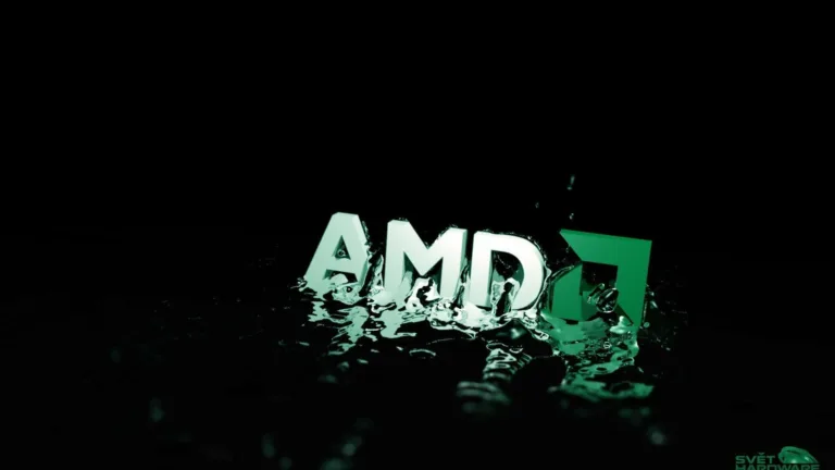 Logotipo da AMD em 3D com reflexos de água ao redor, em um fundo escuro com detalhes em verde.