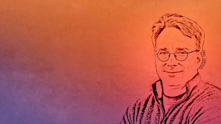 Ilustração estilizada de Linus Torvalds com fundo em tons de laranja e roxo.