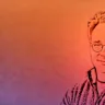 Ilustração estilizada de Linus Torvalds com fundo em tons de laranja e roxo.