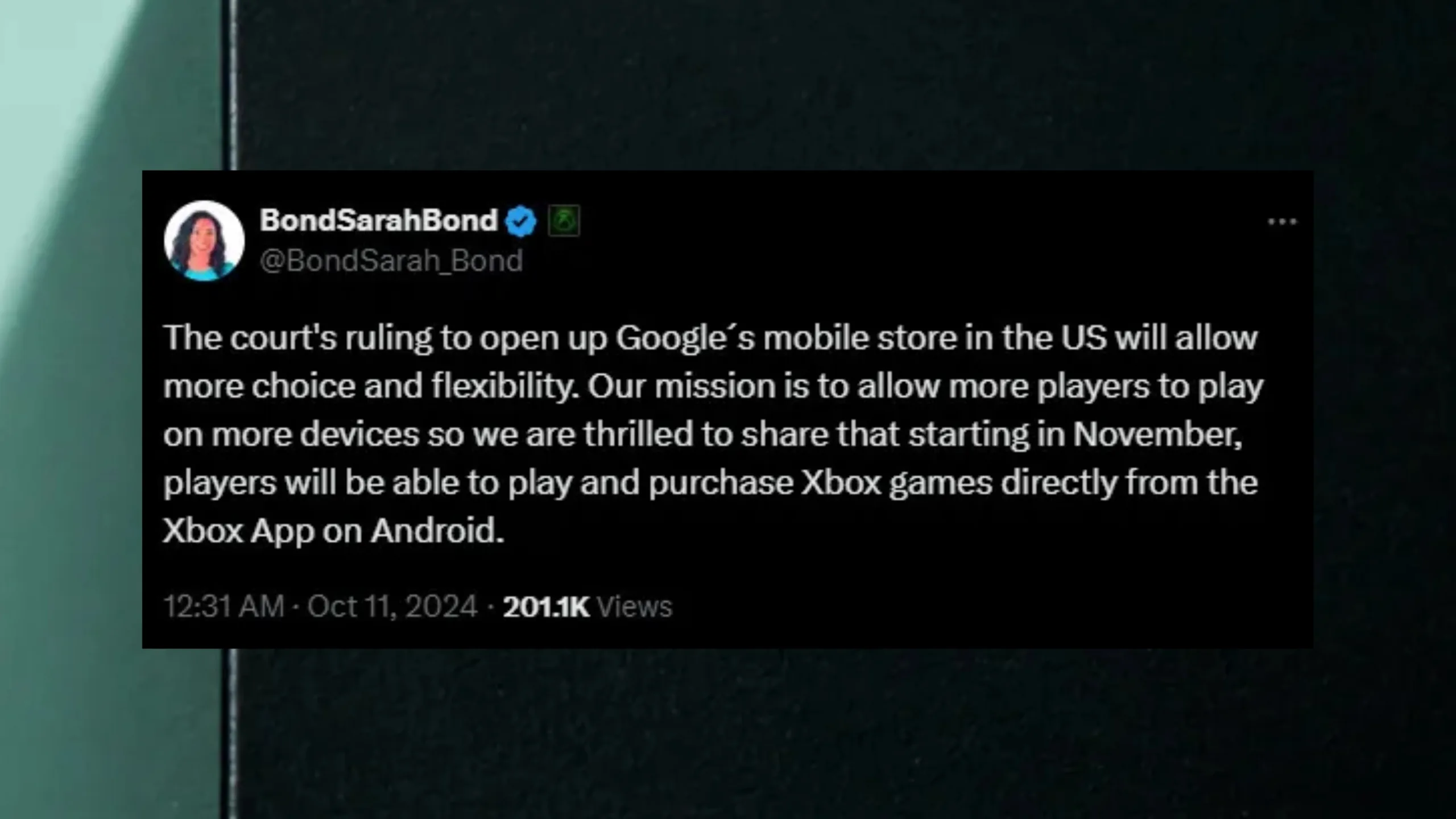Em breve será possível comprar e jogar jogos do Xbox pelo aplicativo Xbox no Android 2 Imagem com a mensagem em rede social
