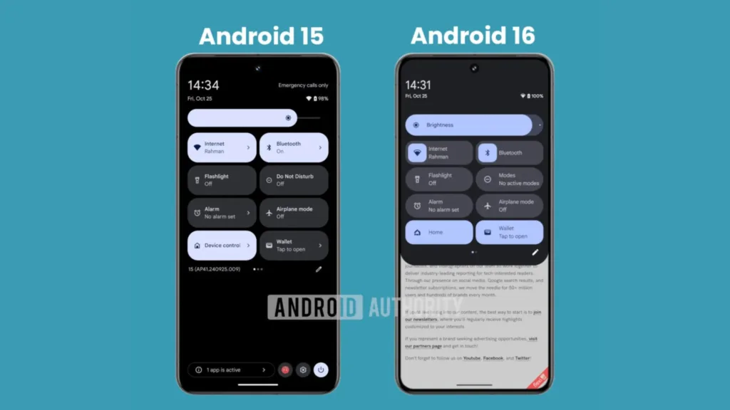 Imagem de layout das configurações do Android 15 e do Android 16