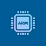 Fundo azul com a logo da ARM64 ao centro