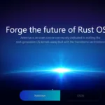 Texto promocional da comunidade de código aberto Asterinas, dedicada ao desenvolvimento de núcleos de sistemas operacionais de próxima geração em Rust com arquitetura framekernel, com fundo de luz azul brilhante.