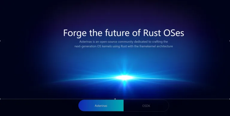 Texto promocional da comunidade de código aberto Asterinas, dedicada ao desenvolvimento de núcleos de sistemas operacionais de próxima geração em Rust com arquitetura framekernel, com fundo de luz azul brilhante.