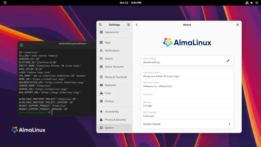 Screenshot do AlmaLinux OS Kitten 10