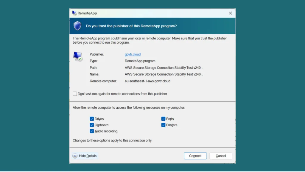 Tela de configuração RDP maliciosa