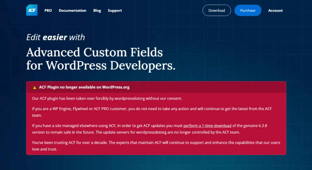 Página do plugin Advanced Custom Fields com aviso sobre a remoção forçada do plugin do WordPress.org, informando os usuários sobre como atualizar o ACF manualmente.