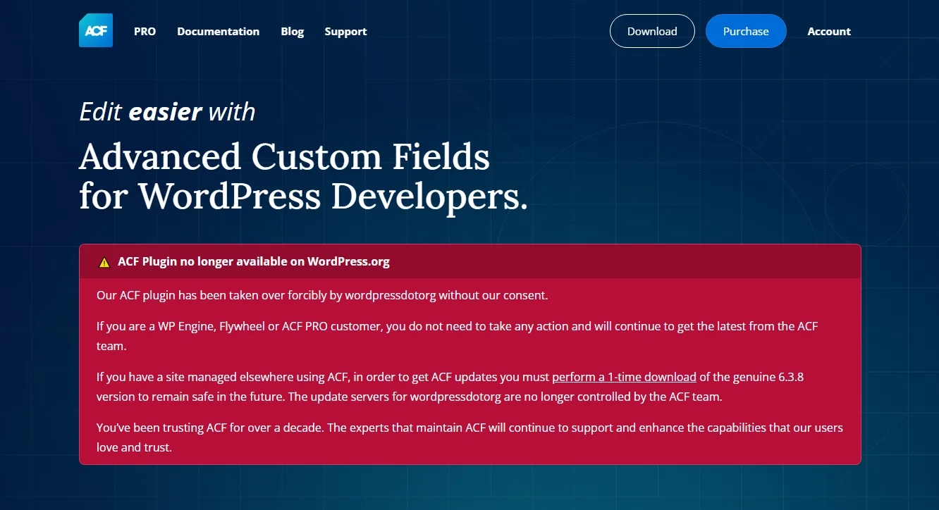 WordPress: Automattic assume controle do ACF, gerando polêmica 2 Página do plugin Advanced Custom Fields com aviso sobre a remoção forçada do plugin do WordPress.org, informando os usuários sobre como atualizar o ACF manualmente.