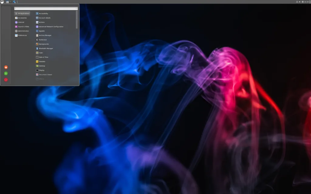 Captura de tela do desktop PorteuX 1.7 com menu de aplicativos aberto, apresentando ícones de diferentes categorias como Acessórios, Internet, Som e Vídeo, em frente a um fundo com padrões de fumaça colorida em azul e rosa.