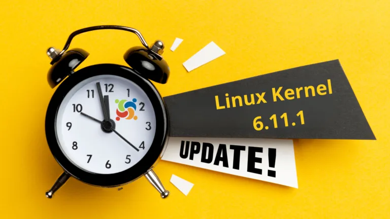 Relógio despertador preto com ponteiros em 10:10 e texto destacando 'Linux Kernel 6.11.1 Update' em fundo amarelo