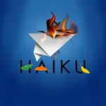 Logo do sistema operacional Haiku com design de avião de papel em chamas, sobre fundo azul.