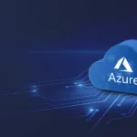 Logotipo da Microsoft Azure dentro de um ícone de nuvem com um fundo azul e linhas de circuito, representando serviços em nuvem.