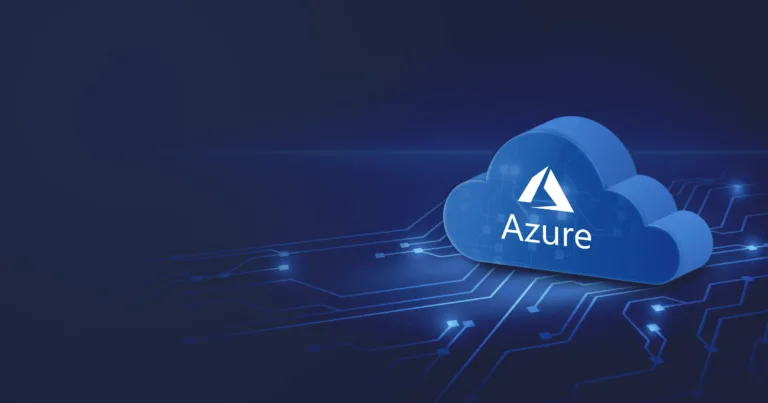 Logotipo da Microsoft Azure dentro de um ícone de nuvem com um fundo azul e linhas de circuito, representando serviços em nuvem.