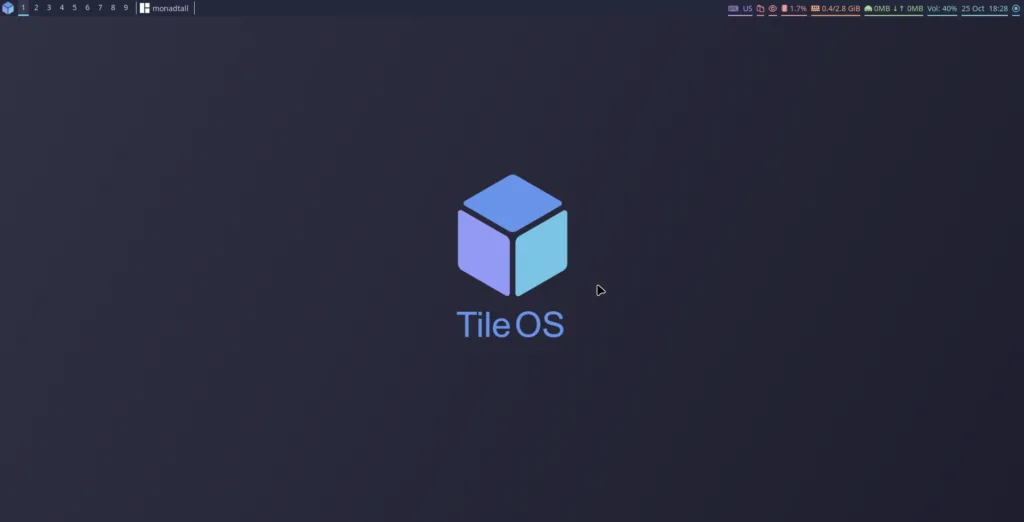 Tela inicial do TileOS com o logotipo do sistema no centro e indicadores de uso de CPU, memória e rede na parte superior da tela.