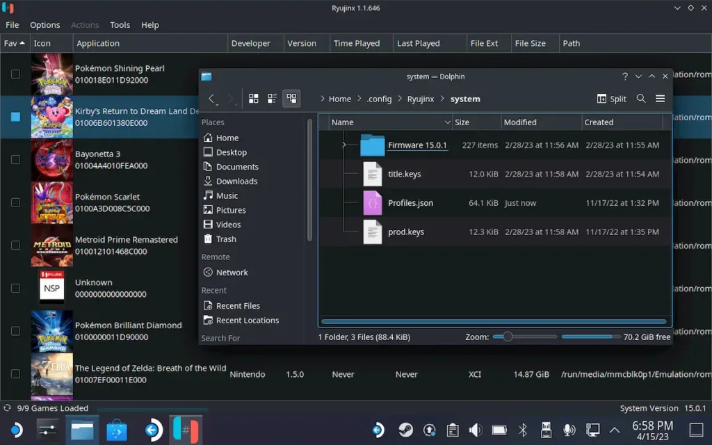 Captura de tela do emulador Ryujinx mostrando uma lista de jogos do Nintendo Switch e a configuração do sistema com arquivos de firmware e chaves de criptografia.