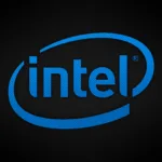 Logotipo da Intel em azul sobre um fundo preto texturizado, representando a identidade visual da marca.