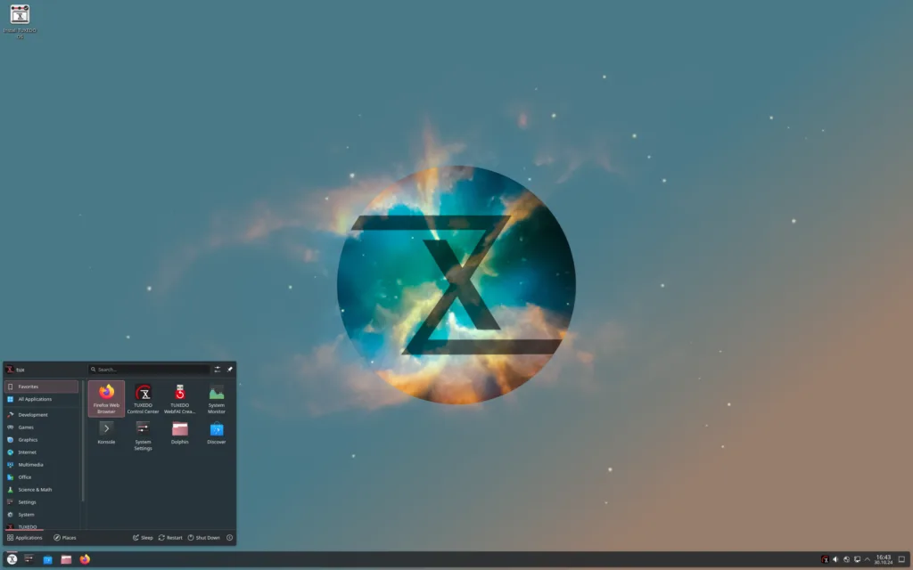 Interface do TUXEDO OS 4 com fundo de área de trabalho em tons de azul e laranja, logo central do TUXEDO com um design futurista, e menu de aplicativos KDE aberto mostrando o navegador Firefox, TUXEDO Control Center, criador de USB, monitor do sistema, e configurações do sistema.