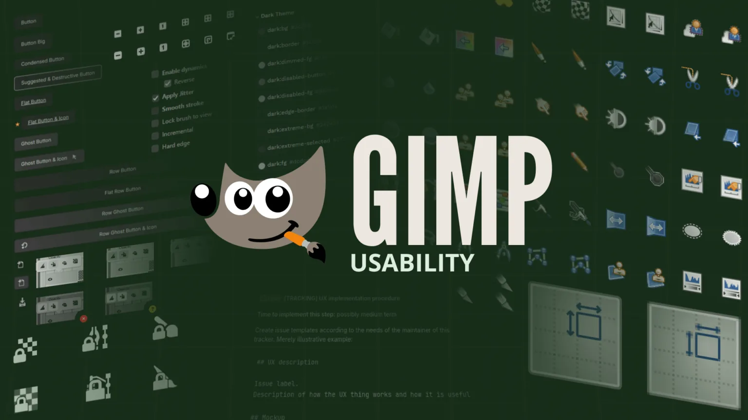 Prévia de usabilidade do GIMP 3.0 com elementos da interface e ícones exibidos em fundo escuro