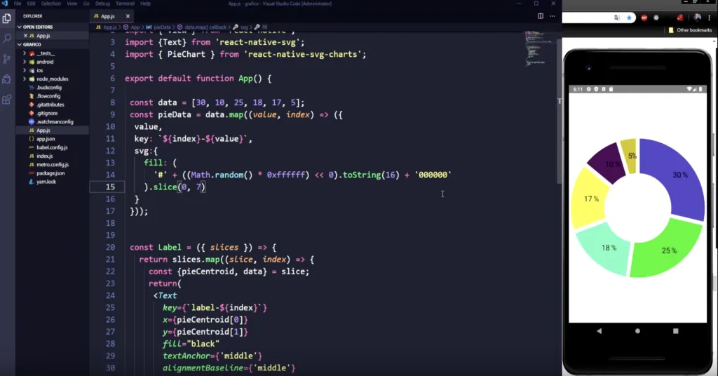 Captura de tela do Visual Studio Code mostrando a edição de um código em React Native, com visualização de gráficos em um dispositivo móvel.