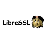Logotipo do LibreSSL com um mascote em estilo cartoon usando boina preta com coração e texto 'LibreSSL' ao lado.