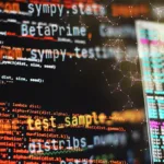 Tela de código em linguagem de programação com linhas de comandos e funções destacadas, representando desenvolvimento de software e análise de dados.