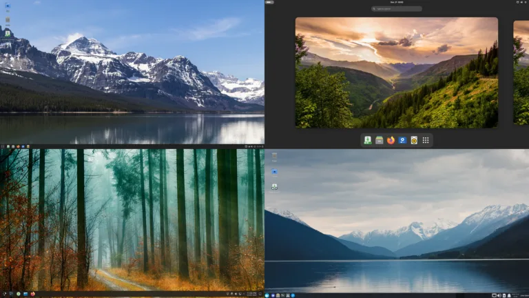 Montagem de capturas de tela dos quatro ambientes de desktop do Solus 4.6: XFCE, Plasma, GNOME e Budgie, cada um mostrando um papel de parede diferente e a disposição de suas respectivas barras de tarefas.