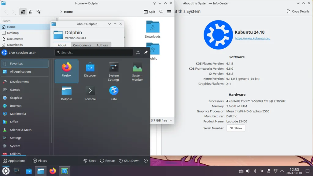 Captura de tela do Kubuntu 24.10 mostrando a interface KDE Plasma 6, informações do sistema, incluindo versão do kernel 6.11 e detalhes de hardware, com o menu de aplicativos aberto exibindo o navegador Firefox e outros aplicativos.