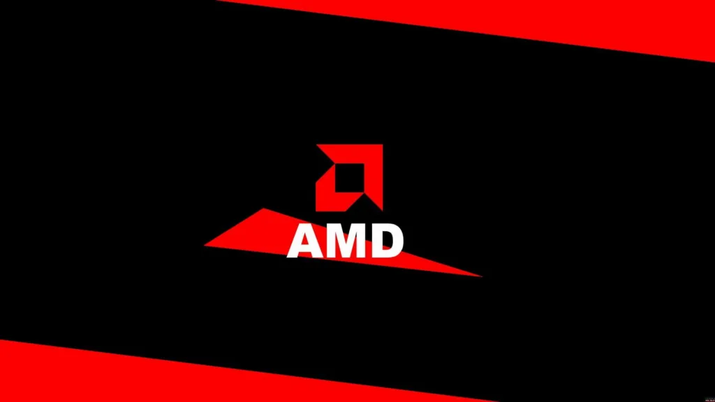 Logotipo da AMD com design em preto e vermelho, exibindo o nome AMD em branco sobre um fundo estilizado