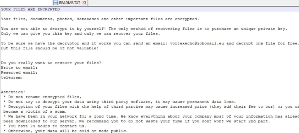 Nota de resgate do Beast ransomware, informando que arquivos foram criptografados e que o pagamento de resgate é necessário para a recuperação, com detalhes sobre o contato e instruções para as vítimas.