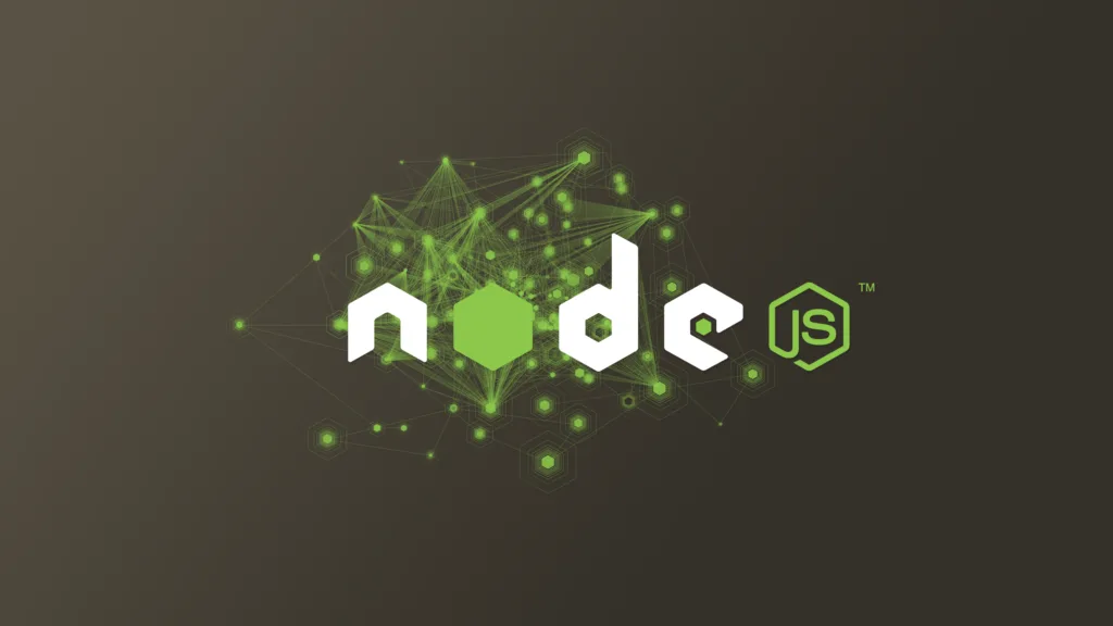 Logotipo do Node.js com elementos gráficos em verde conectando pontos em uma rede sobre um fundo escuro