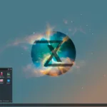 Interface do TUXEDO OS 4 com fundo de área de trabalho em tons de azul e laranja, logo central do TUXEDO com um design futurista, e menu de aplicativos KDE aberto mostrando o navegador Firefox, TUXEDO Control Center, criador de USB, monitor do sistema, e configurações do sistema.