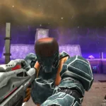 Personagem com armadura futurista segurando uma arma no jogo Unvanquished, em um ambiente espacial com estruturas hexagonais ao fundo.
