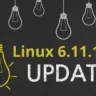 Imagem destacando a atualização do Linux Kernel 6.11.1 com ilustração de lâmpadas e texto 'Linux 6.11.1 Update' em destaque.