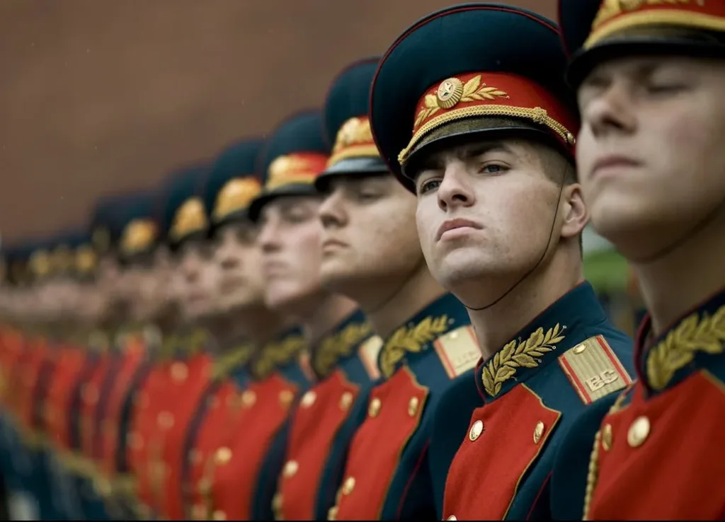 Soldados russos em formação, usando uniformes cerimoniais com detalhes vermelhos e dourados, em uma cerimônia militar.