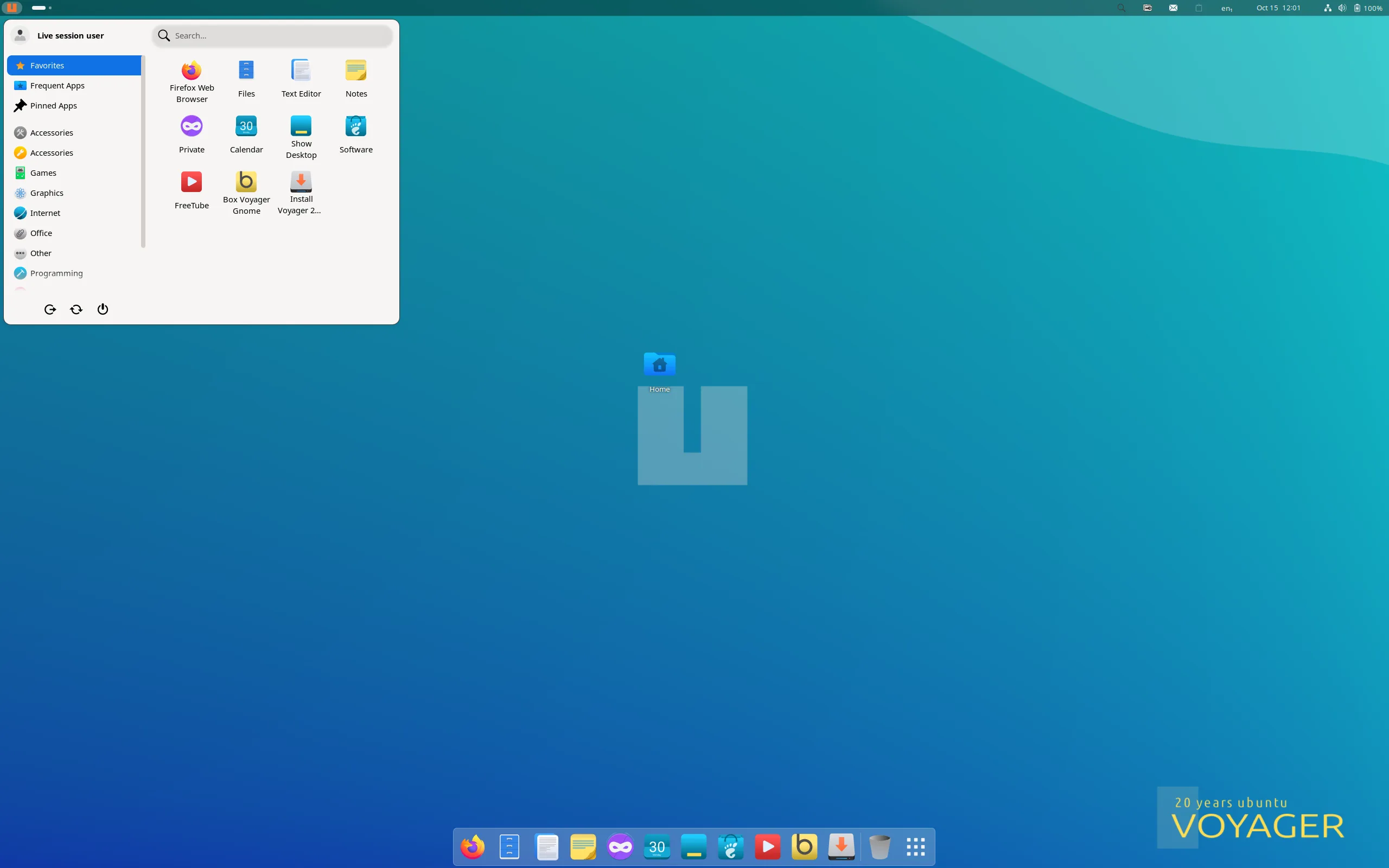 Captura de tela da interface do Voyager 24.10 mostrando o desktop com barra de aplicativos na parte inferior e menu de aplicativos aberto no canto superior esquerdo