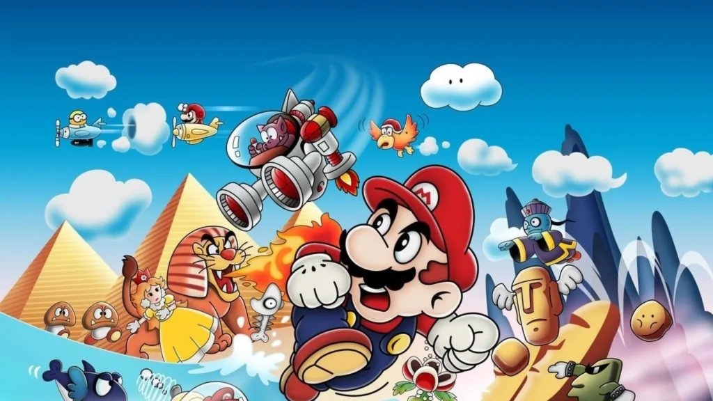 Ilustração colorida com Mario e personagens clássicos da Nintendo em uma paisagem fantástica, incluindo pirâmides, criaturas voadoras e inimigos conhecidos.